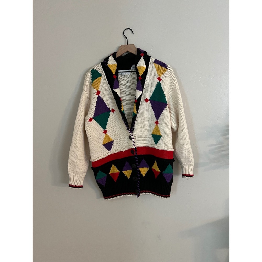 Vintage Tony Lambert Sweater Cream Geometric Collar Knit Cardigan Size S
